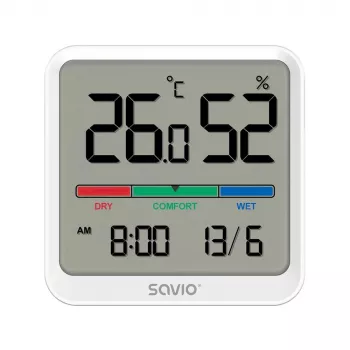 Senzor teploty a vlhkosti interiéru SAVIO CT-01/W, LCD displej, -10–55 °C, 10–99 % rF, batéria CR2032