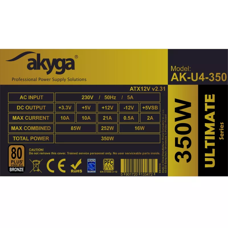 Akyga AK-U4-350 Ultimate 350 W ATX napájací zdroj, 80 PLUS Bronze, aktívne PFC, 120 mm ventilátor