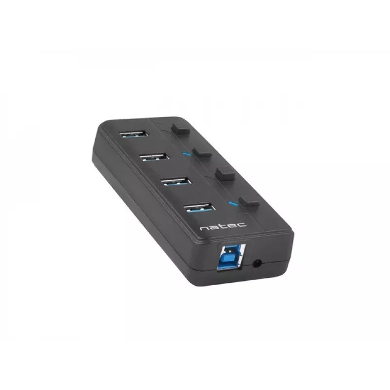 Natec Mantis 2 NHU-1557 4-portový rozbočovač USB 3.0, vstup USB Type-B, vypínače zapnúť/vypnúť, sieťový adaptér, čierny