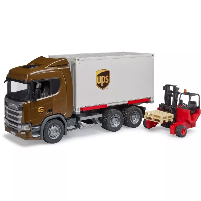 Logistický kamión Scania Super 560R UPS s vysokozdvižným vozíkom
