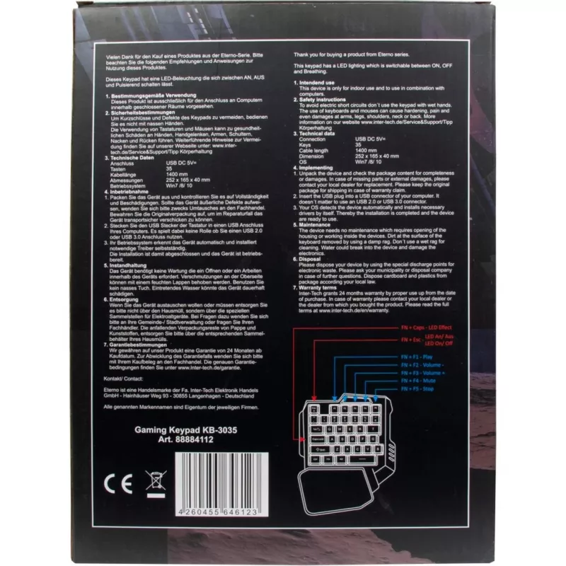 Inter-Tech KB-3035 RGB herný keypad, 35 klávesov, USB, čierny