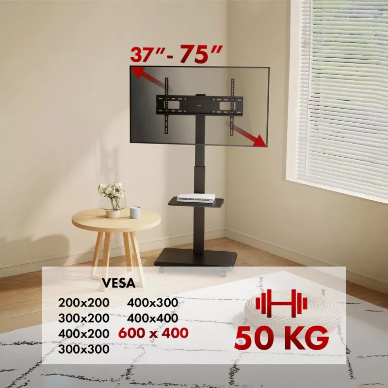 TV stojan ergo office ER-304 B, max. nosnosť 50 kg, VESA 600x400