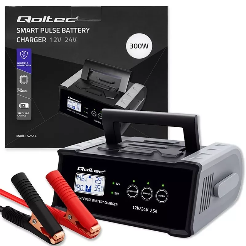 Nabíjačka batérií QOLTEC 52514 — 12V/24V, 25A, pre AGM/GEL/SLA batérie s LCD displejom