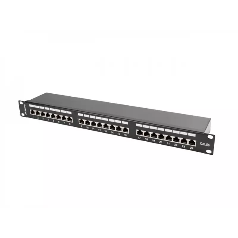 Patch panel 1U LANBERG PPS5-1024-B — 24-portový RJ-45 Cat5, kov, čierny, racková montáž