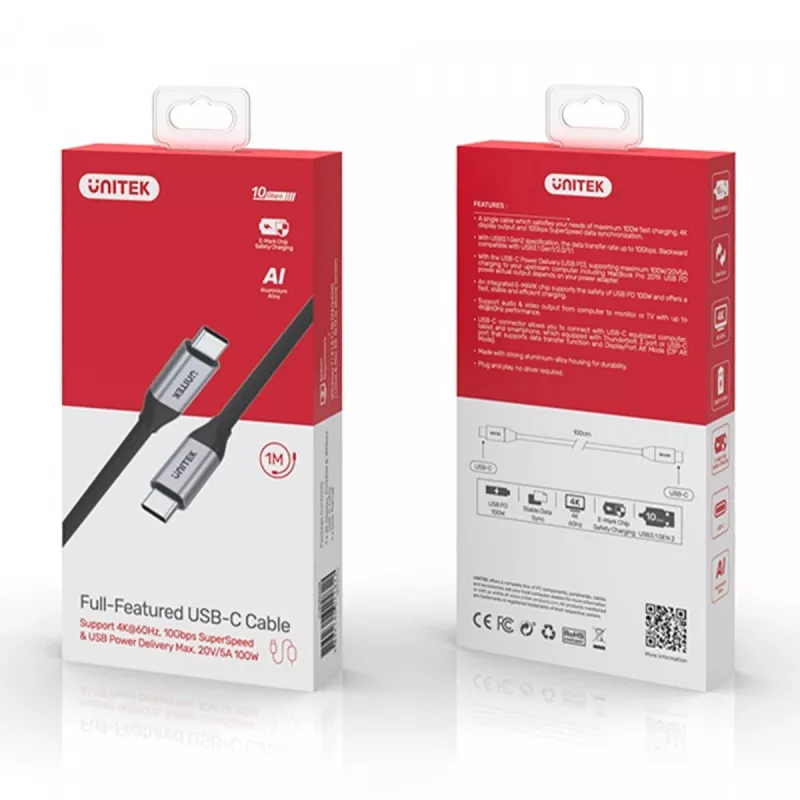 USB-C na USB-C dátový a nabíjací kábel Unitek C14082ABK 1 m, USB 3.2 Gen 2 (10 Gbit/s), 100 W PD, čierny