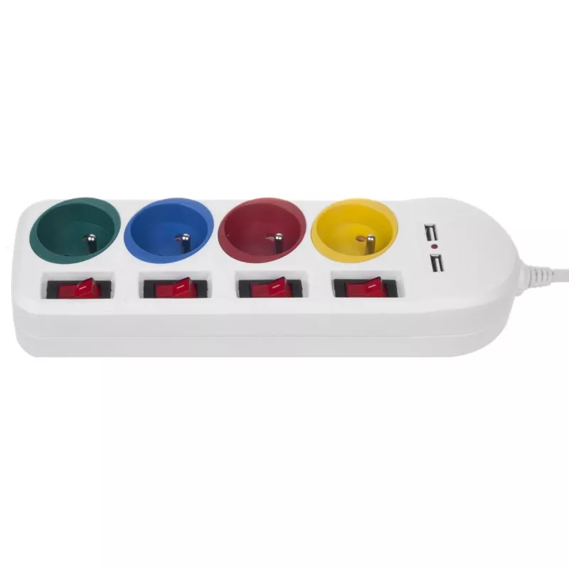 Predlžovacia zásuvka MACLEAN MCE229W — 4 zásuvky, 2× USB, 1,5 m kábel, Typ F, 10 A, biela