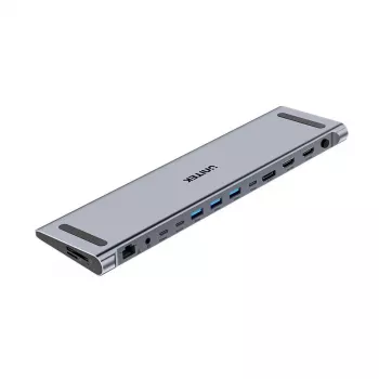 KVM switch Unitek D1106AGY01 USB-C Triple 4K dokovacia stanica s KVM, 3x USB-A, 5x USB-C, HDMI×2, DP×1, RJ-45, SD čítačka, 3840×2160@60Hz, hliník
