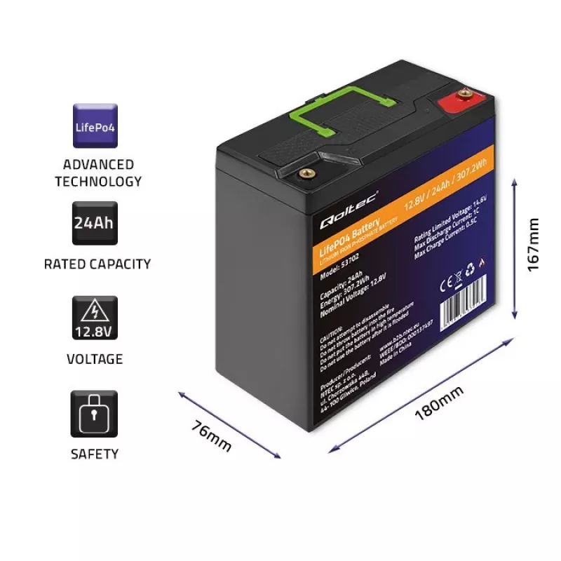 Qoltec 53702 LiFePO4 lítium-železofosfátová batéria | 12,8V | 24Ah | 307,2Wh | BMS
