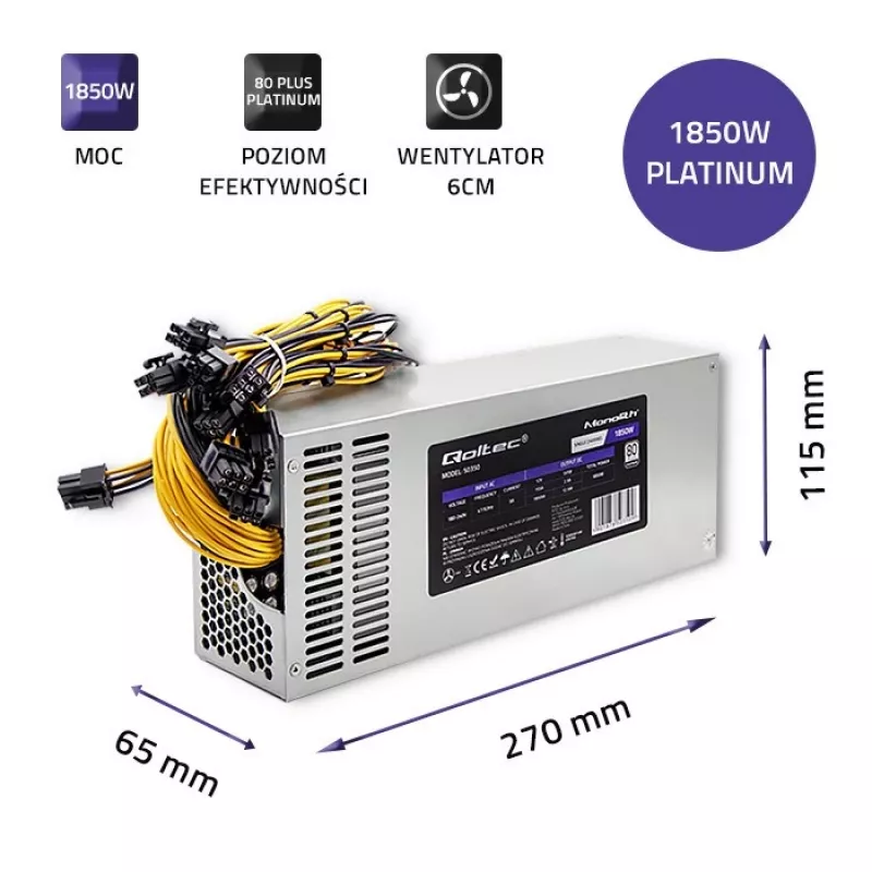 Qoltec 50350 napájací zdroj 1850W PCI-E | 80 Plus Platinum | Gaming Miner