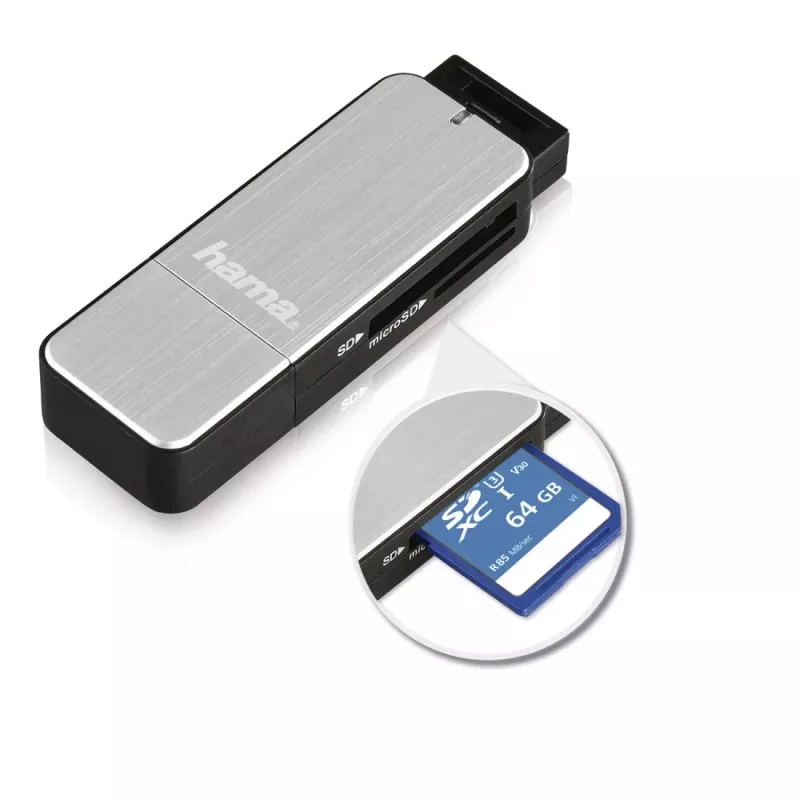Hama 123900 čítačka kariet USB 3.0 SD/microSD, hliník, čierna/strieborná