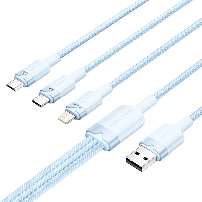 Kábel USB 2.0 A na 3-in-1 3A Vention CTPLG 1,5 m modrý – dáta a nabíjanie
