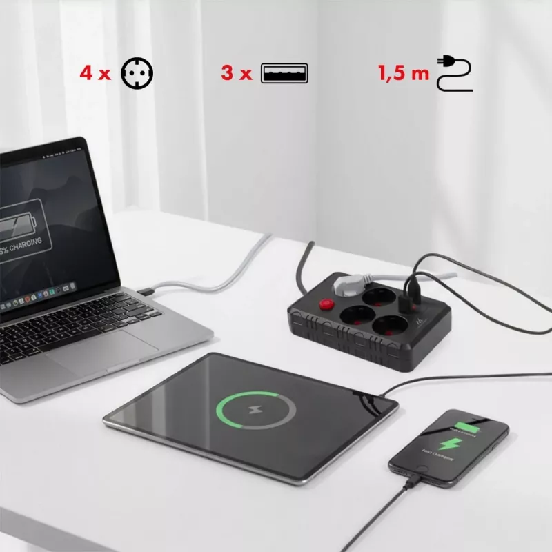 Predlžovacia zásuvka MACLEAN MCE392 B — 4 zásuvky, 3×USB, 110–240V, 2,1A, 2500W, 1,5 m kábel, čierna