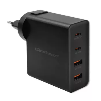 Qoltec GaN POWER PRO nabíjačka | 2xUSB-C | 2xUSB | 130W | 5-20V | 1.5-5A | XP | čierna