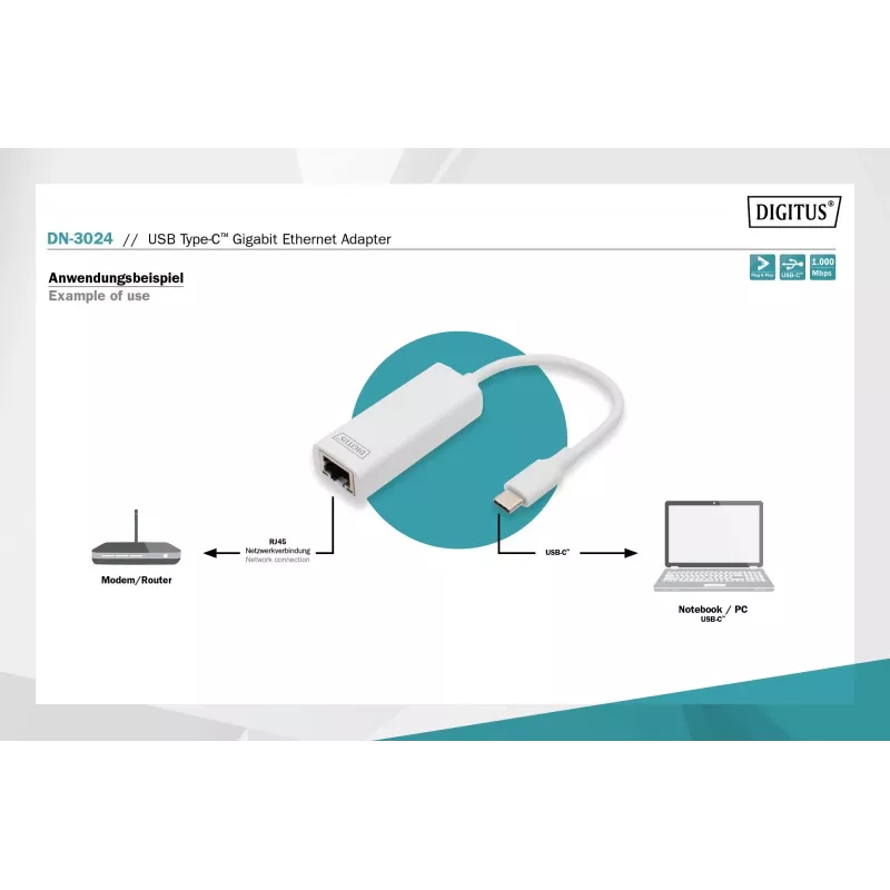 Digitus DN-3024 USB 3.0 adaptér 20 cm 1x USB-C na 1x RJ45 tienený