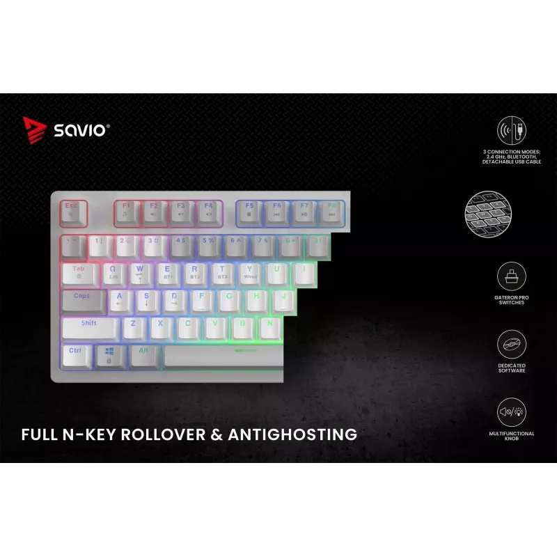 SAVIO PHENIX WHITE bezdrôtová mechanická klávesnica, Gateron Red Pro, ABS