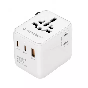 Cestovný napájací zdroj GEMBIRD TPA-1A2C20-01-W — 20 W, USB-A (18 W) + 2× USB-C (20 W), zástrčka typ E, biela
