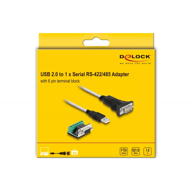 DeLOCK 63465 Adaptér USB 2.0 Type-A na sériový RS-422/485, 6-pólová svorkovnica, 1,8 m, čierny/priehľadný