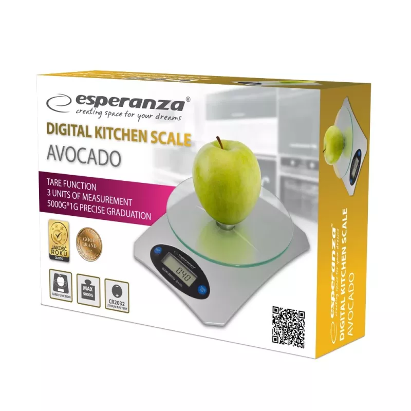 Elektronická kuchynská váha ESPERANZA Avocado sivá — kapacita 5 kg, bambusová plošina, jednotky g/lb/oz