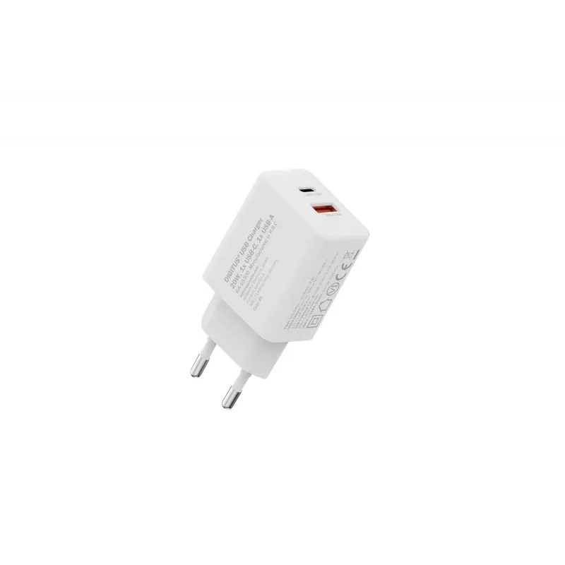 AC USB nabíjačka DIGITUS 20W, 1x USB-C, 1x USB-A, vstup 100–240V, biela