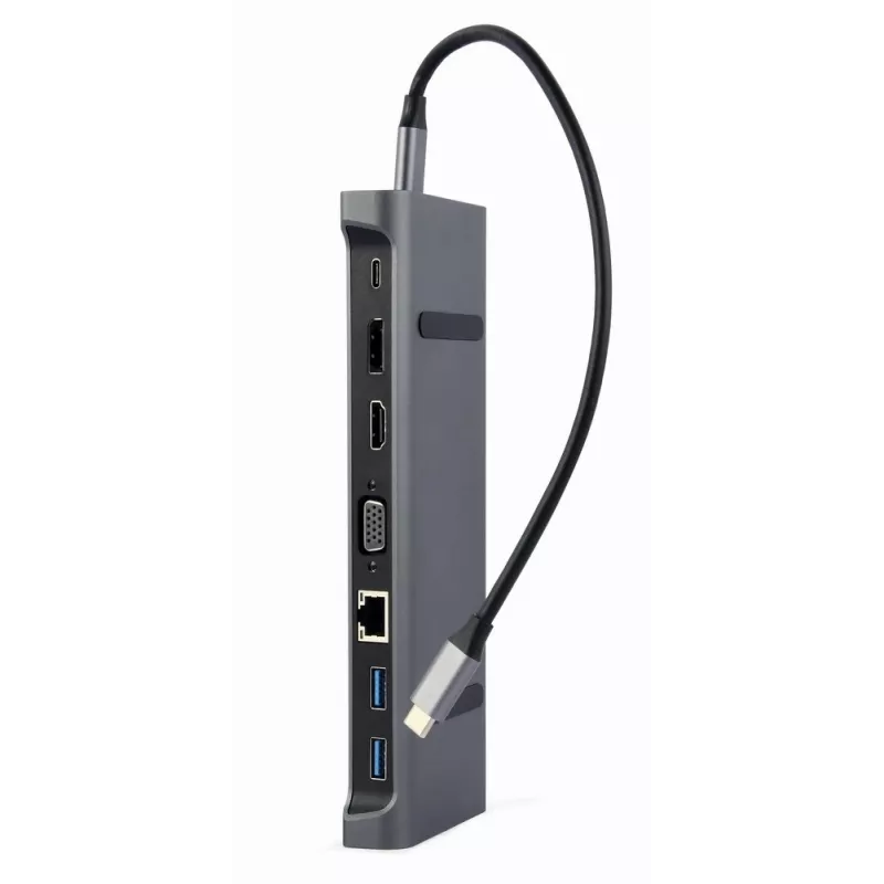 Laptop dok Gembird A-CM-COMBO9-02 USB 3.2 Gen 1 Type-C, HDMI, VGA, 3×USB-A, Gigabit Ethernet, 87W PD, sivá