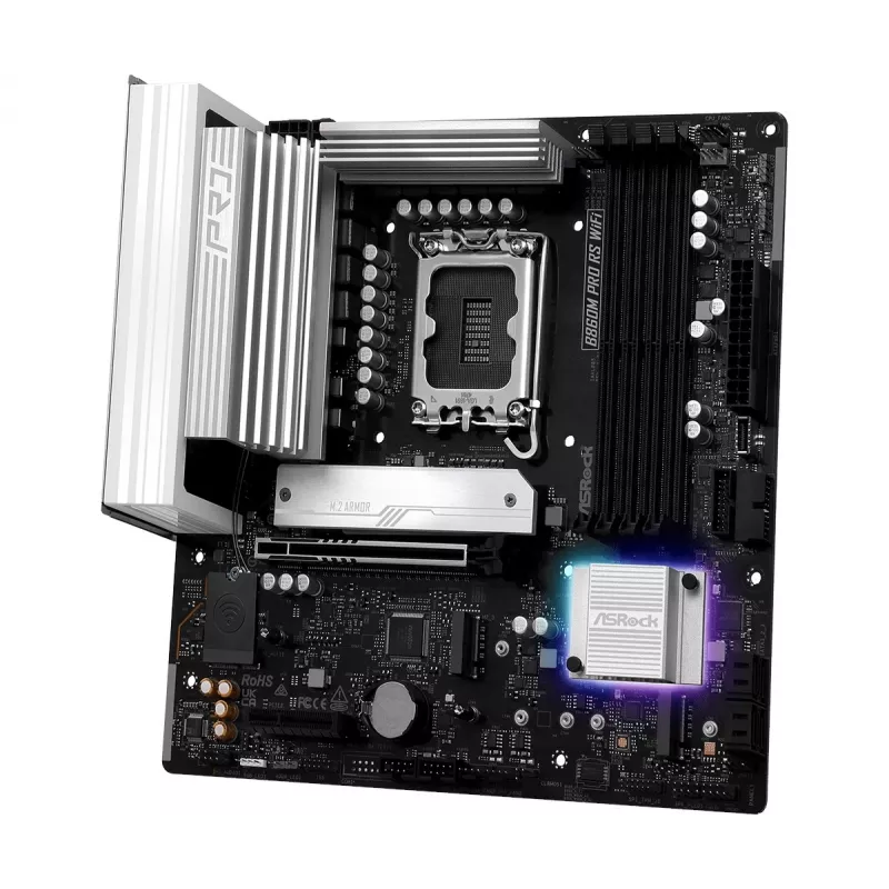 Základná doska ASRock B860M Pro RS WiFi — Intel B860, LGA 1851, micro ATX, DDR5, 4 DIMM, 3x M.2, 2.5Gb LAN, Wi‑Fi, Bluetooth