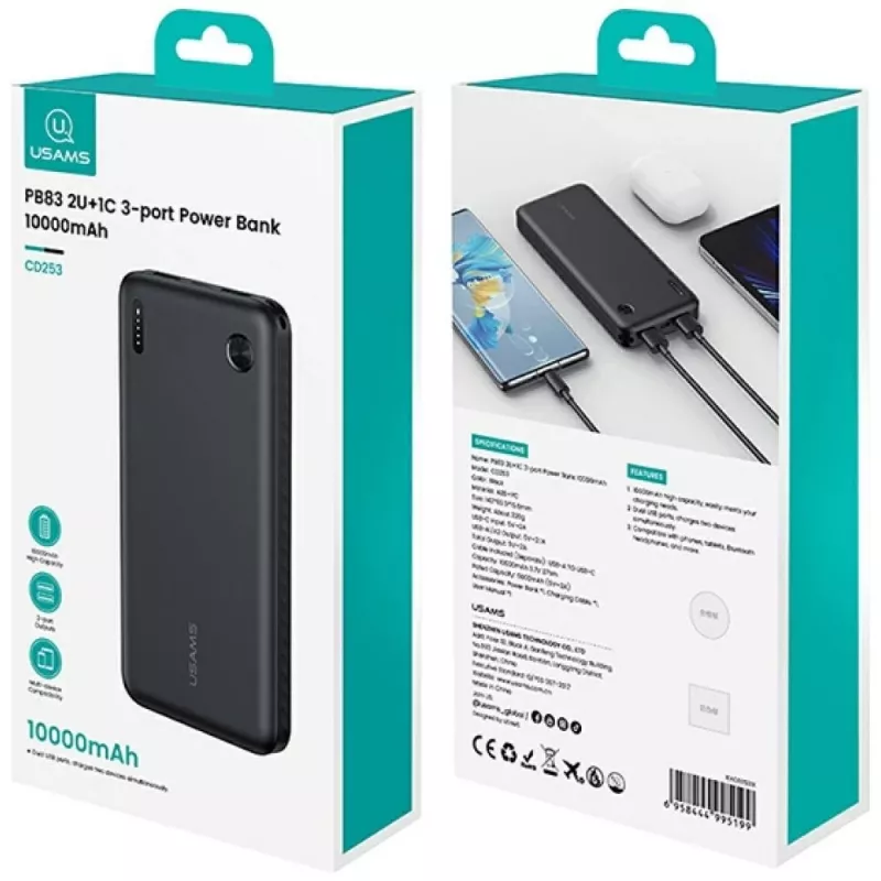 Powerbanka usams PB83 10000mAh PD 2×USB-A USB-C biela