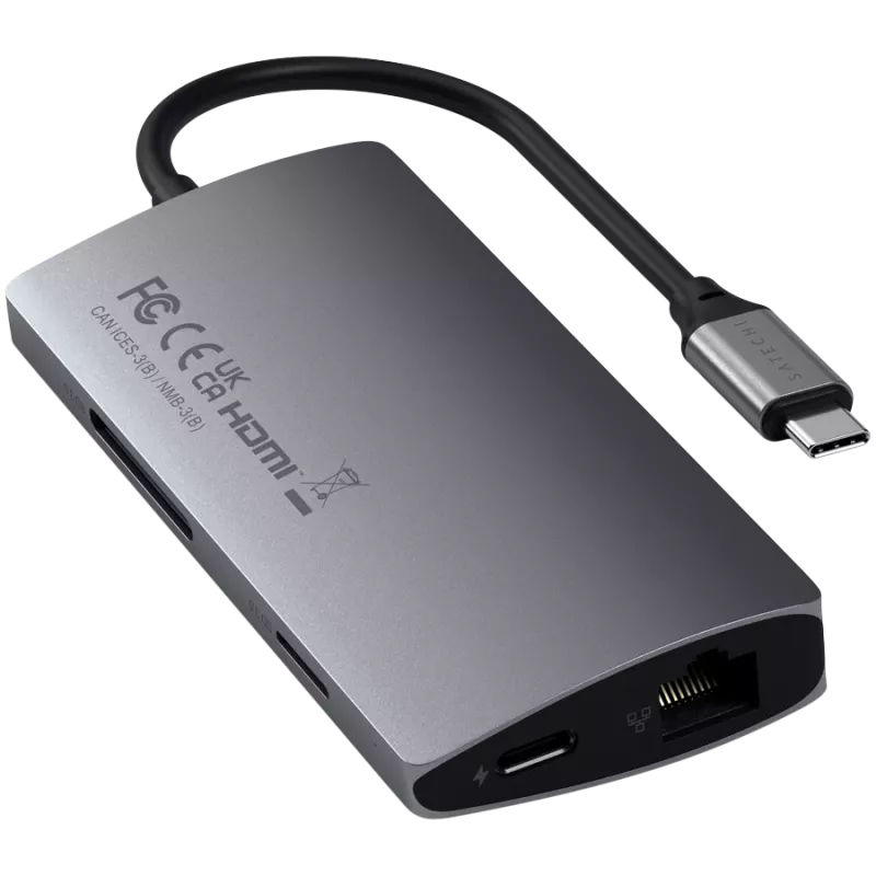 Satechi hliníkový adaptér V2 USB-C (USB-C, 3x USB-A, 4K HDMI, čítačka kariet micro/SD, Ethernet) (Starlight Grey)
