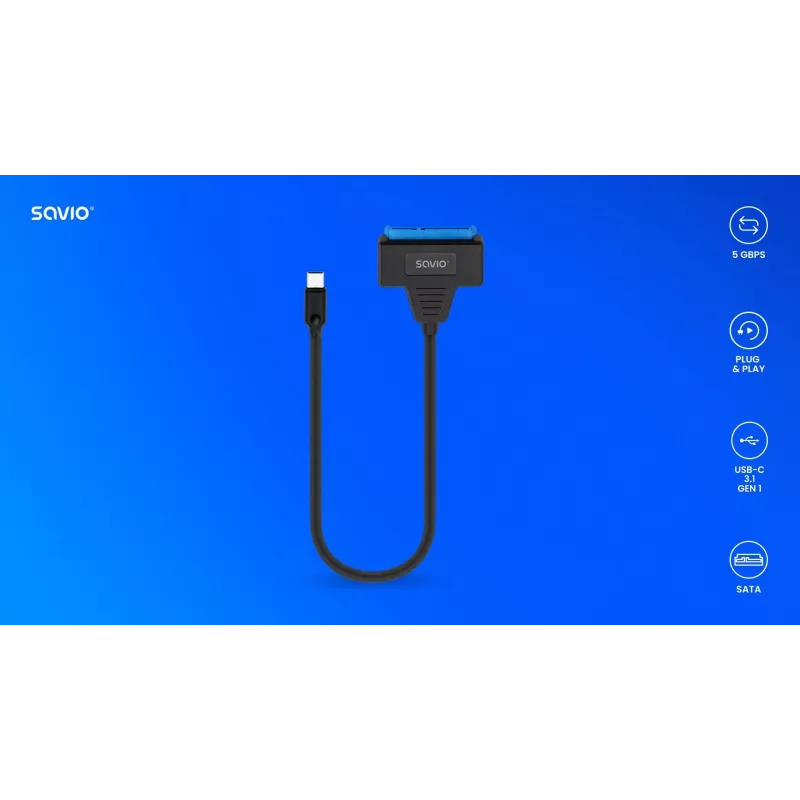 SAVIO SATA na USB-C kábel AK-69, SATA samica na USB-C samec, USB 3.2 Gen 1 (5 Gbit/s), 0,25 m, čierny