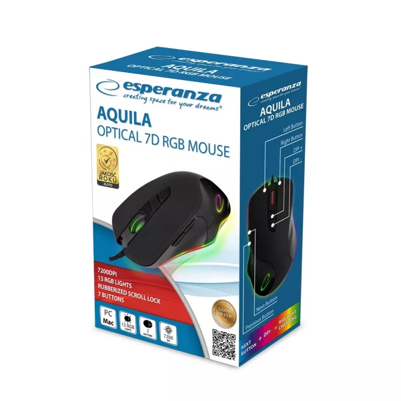 Esperanza EM132 Aquila drôtová optická herná myš, 7200 DPI, 7 tlačidiel, RGB, pre pravákov, USB