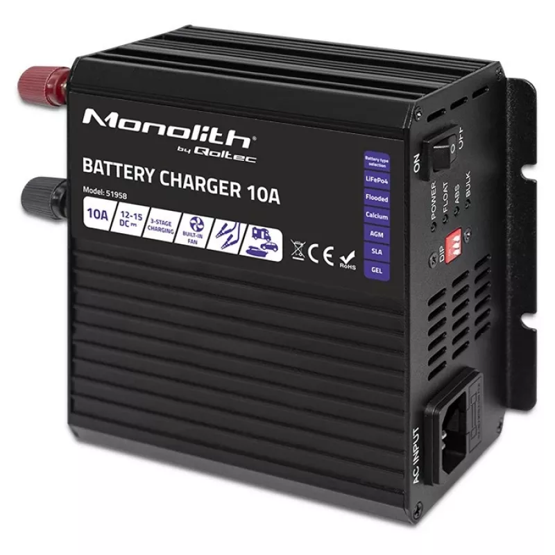 Qoltec Smart Monolith nabíjačka batérií pre LiFePO4 AGM GEL SLA batérie | 10A | 12V