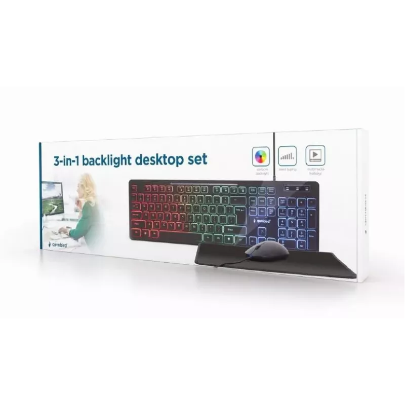 Káblová Full-Size klávesnica s myšou Gembird KBS-UML-01 — USB, QWERTY US, 104 tlačidiel, čierna
