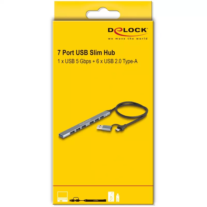 Delock 64273 tenký 7-portový rozbočovač USB, USB Type-C alebo Type-A na 1x USB 5 Gb/s Type-A + 6x USB 2.0 Type-A