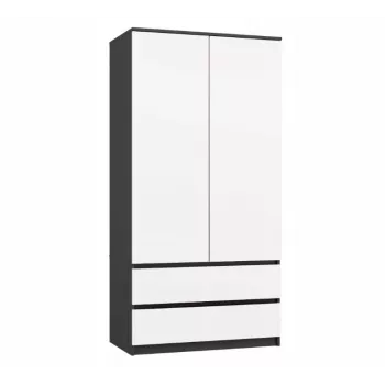 Šatníková skriňa top e shop MALWA SS-90, 90×180×50 cm, antracitový rám, biele otočné dvere, 2 zásuvky, laminát 16 mm