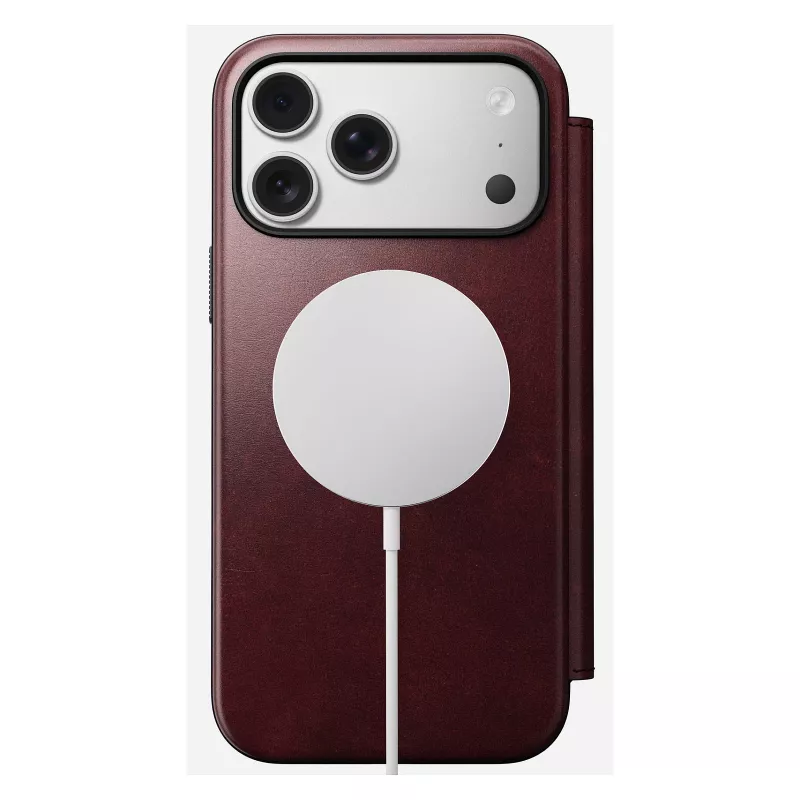 Puzdro na telefón Nomad Modern Leather Folio pre iPhone 17 Pro Max — koža, TPU, PC, hliník, bordová, 16 cm (6,3 palcov)