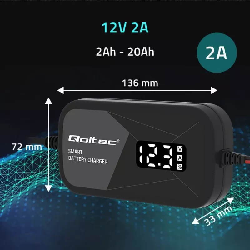 Nabíjačka batérií QOLTEC 52492 12V 2A s mikroprocesorovým riadením a regeneráciou článkov