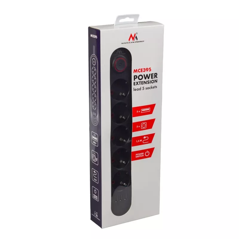 Predlžovacia zásuvka MACLEAN MCE395 B — 5 zásuviek, 3×USB, 110–240V AC, 2,1A USB, 2500W, 1,5 m kábel, čierna