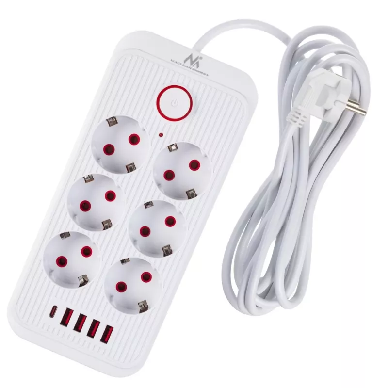 Predlžovacia zásuvková lišta MACLEAN MCE391 W — 6 zásuviek, 4×USB-A + 1×USB-C, 3 m kábel, 110–240 V, 2500 W, biela