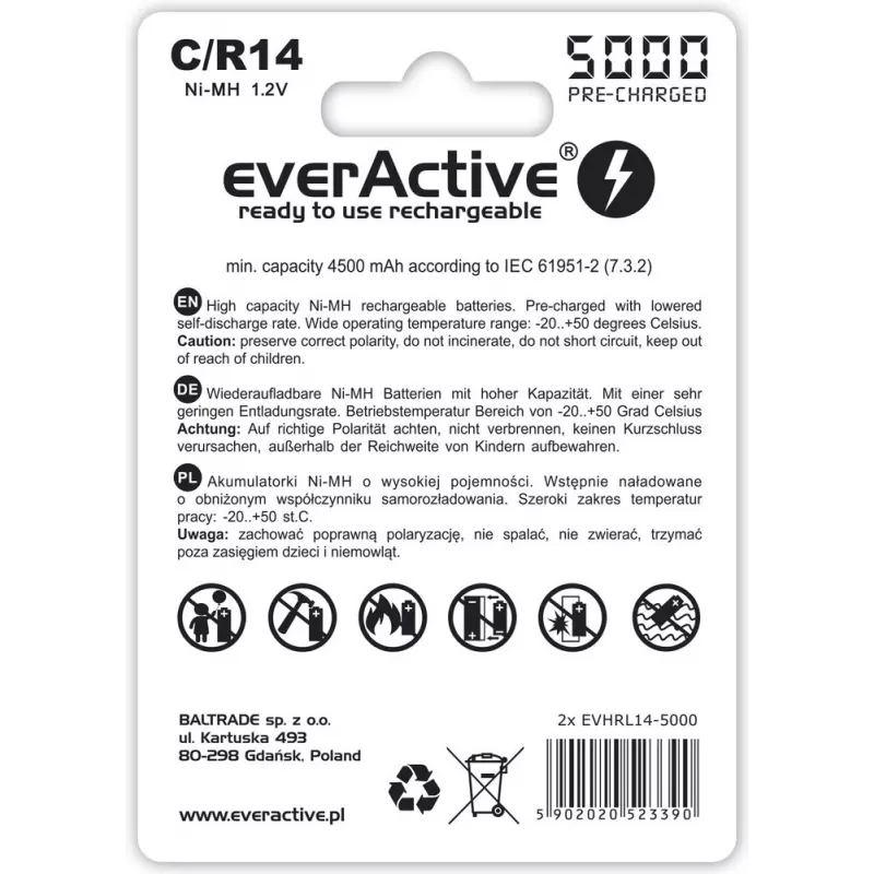 Nabíjacia NiMH valcová batéria everActive EVHRL14-5000, 1,2 V, 2 ks, výška 51,5 mm