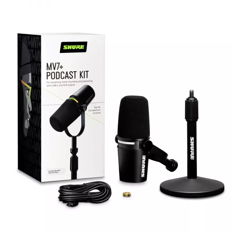Shure MV7+-K-BNDL - mikrofón pre rečníkov/spev s XLR/USB-C konektorom, čierny + stojan na stôl GATOR