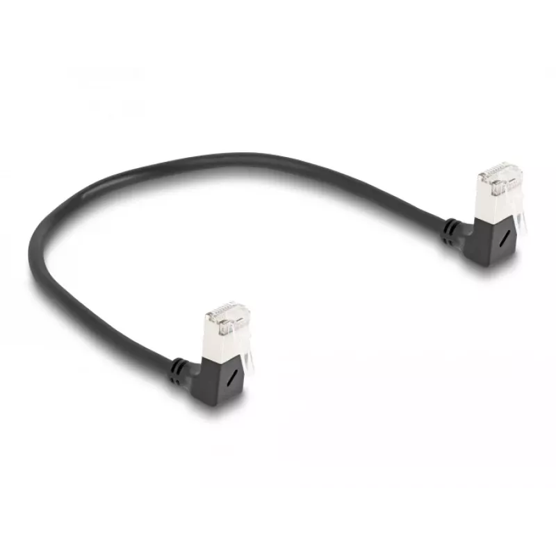 DeLOCK RJ45 sieťový kábel Cat.6A S/FTP tenký 90° zahnutý nadol 0,25 m čierny