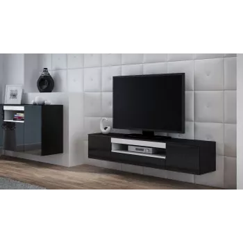 TV stojan cama meble VIVA 180 — 1800×400×370 mm, čierny vrchná doska (drevotrieska), čierny rám, biele akcenty