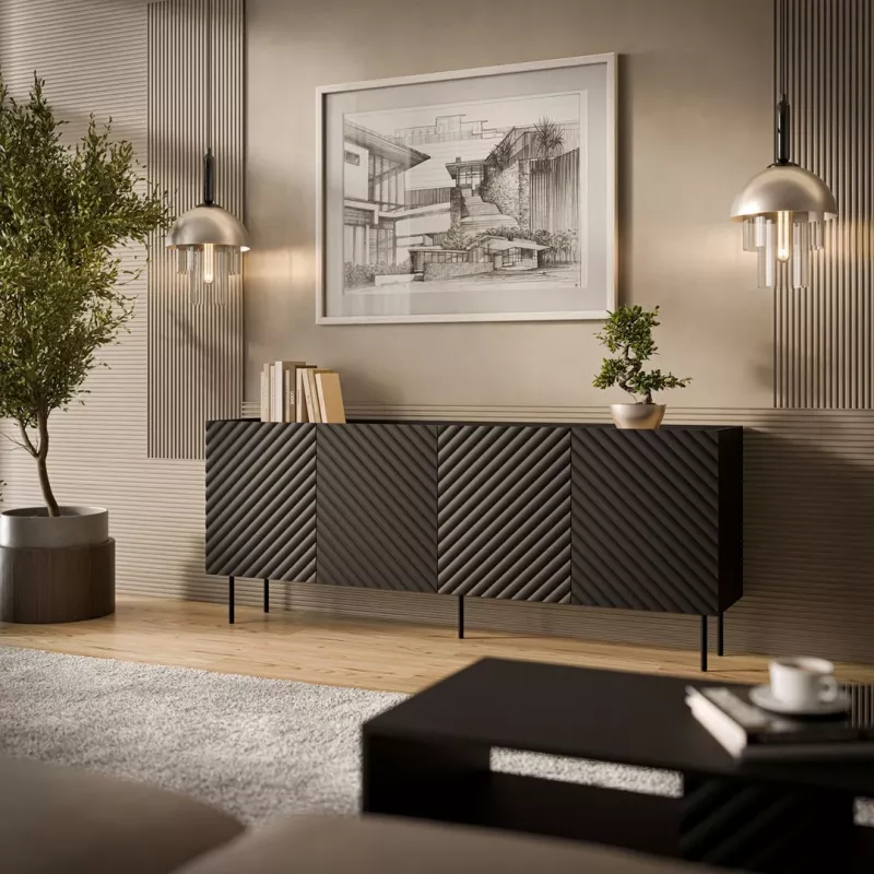 Komoda cama meble LUCCA 4D, 200×40×80 cm, čierna, korpus z drevotriesky
