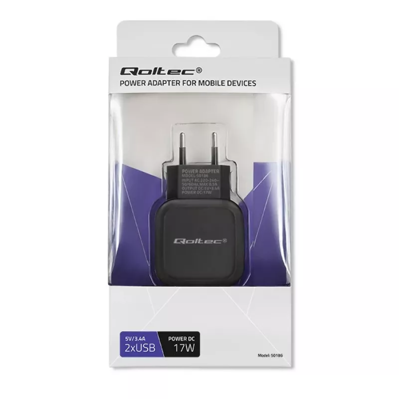 Sieťová nabíjačka QOLTEC 50186 pre smartfón a tablet, 5 V 3.4 A, 17 W, 2× USB, čierna