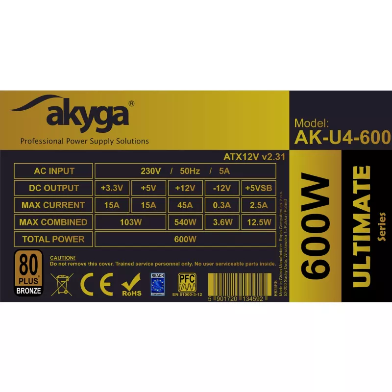 Akyga Ultimate AK-U4-600 ATX napájací zdroj 600 W, 80 PLUS Bronze, aktívne PFC, 120 mm ventilátor
