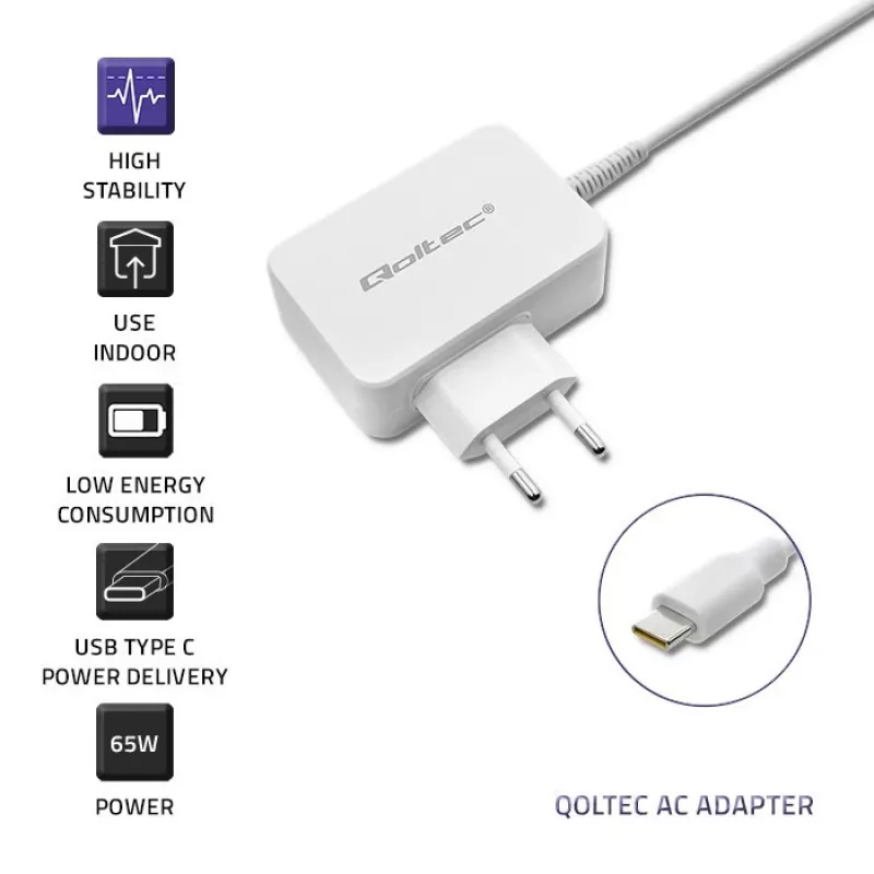 Qoltec 51039 napájací adaptér 65 W USB-C PD, 5–20,3 V, 2–3,25 A, vstavaný kábel USB-C, biely