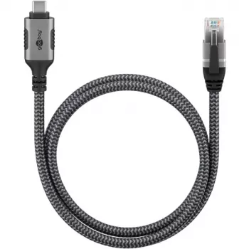 Ethernet kábel USB-C 3.2 Gen2 konektor samec > RJ-45 konektor samec, LAN adaptér čierny/strieborný, 1,5 metra, pletené textilné opláštenie