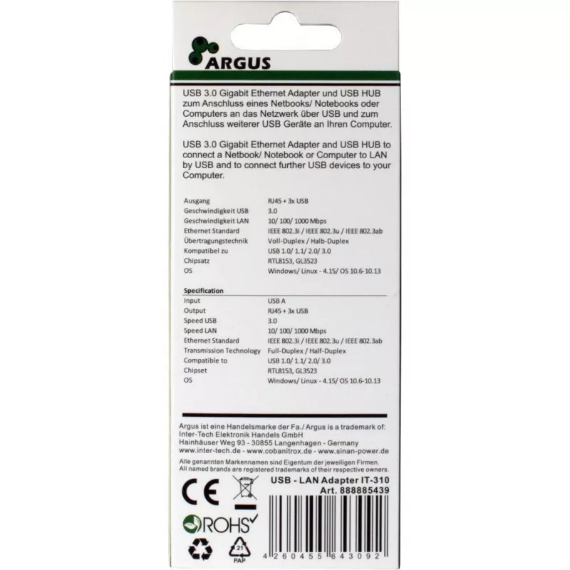 Inter-Tech Argus IT-310 – hub – 3 x SuperSpeed USB 3.0 + 1 x 10/100/1000 – desktop (88885439)