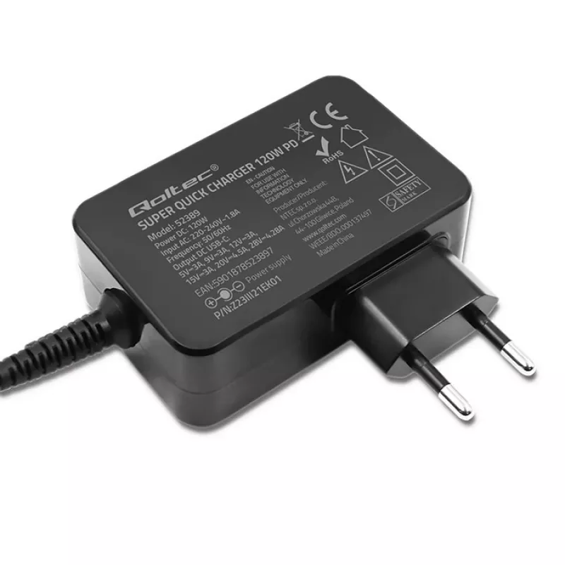 Qoltec PD 120W Turbo Fast Charger | 5-28V | 3-4.5A | USB-C | čierna