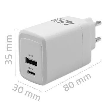 GaN 45W nabíjačka 5V 20V 1,5A 3A, 1x USB-C PD, 1x USB-A
