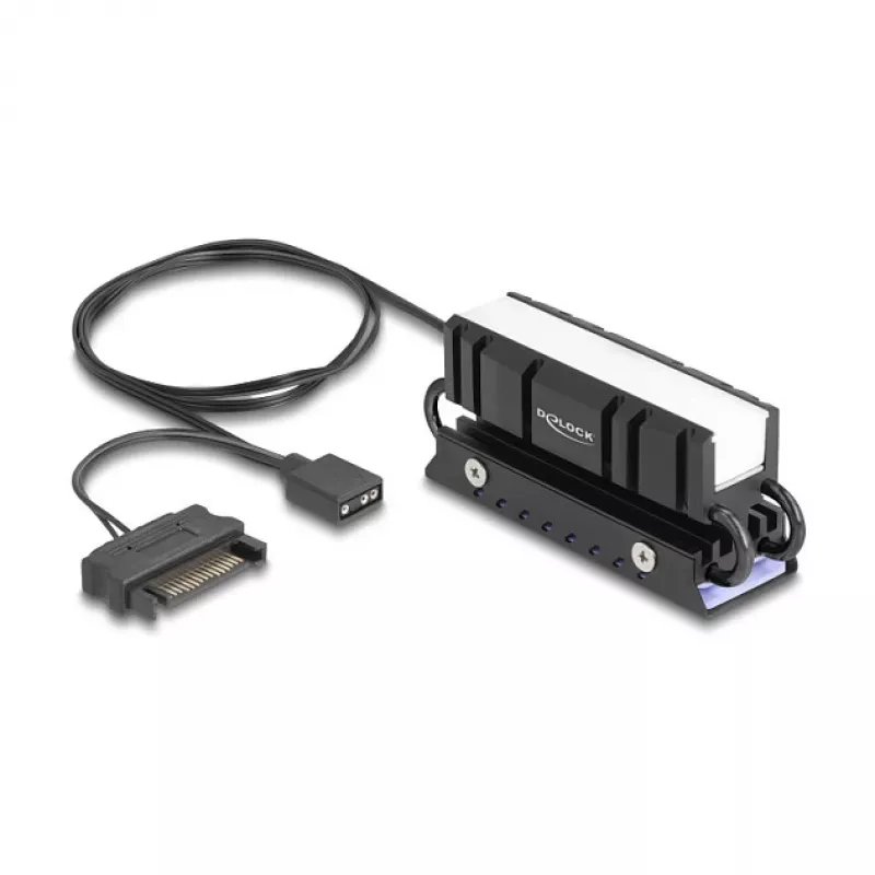 Chladič DELOCK 18460 pre M.2 SSD 2280 — hliník/meď, RGB 5V, čierny